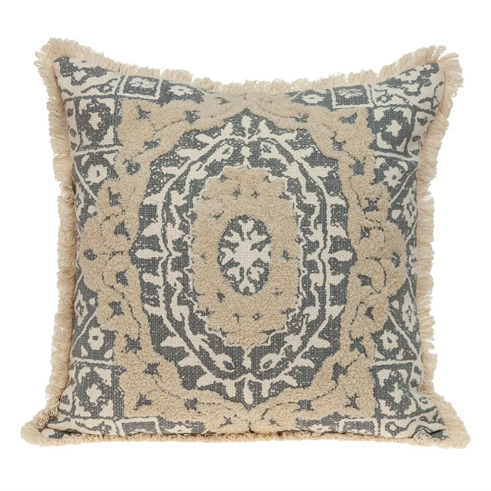 18 Beige and Gray Embroidered Ethnic Design Throw Pillow