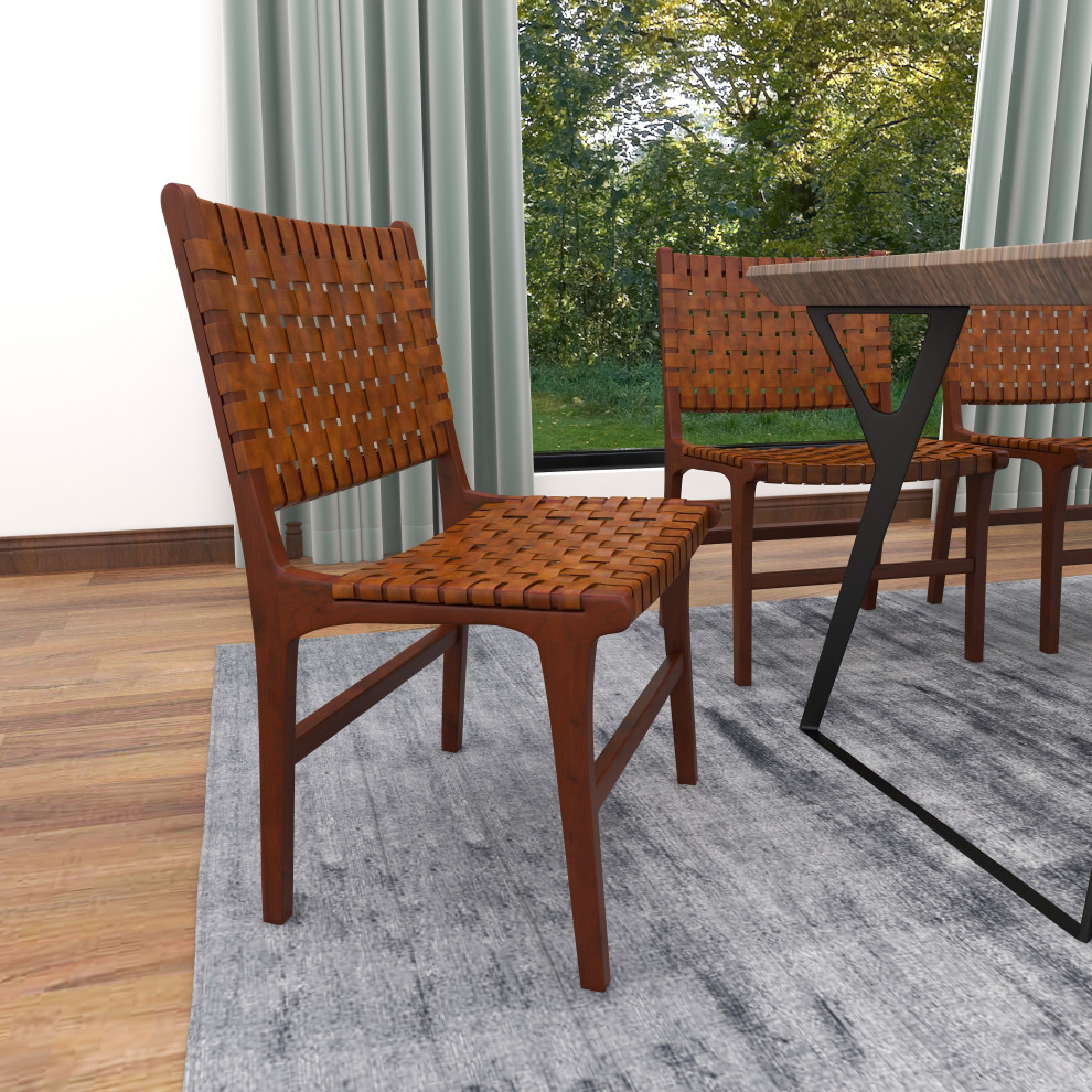 Set of 2 Leather and Teak Contemporary Dining Chair 64777   Transitional   Dining Chairs   by Brimfield  ampMay  Houzz