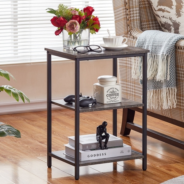 Industrial End Table With 3-Tier Wood Storage Shelf， Nightstand Sofa End Side Table Storage Display Shelf