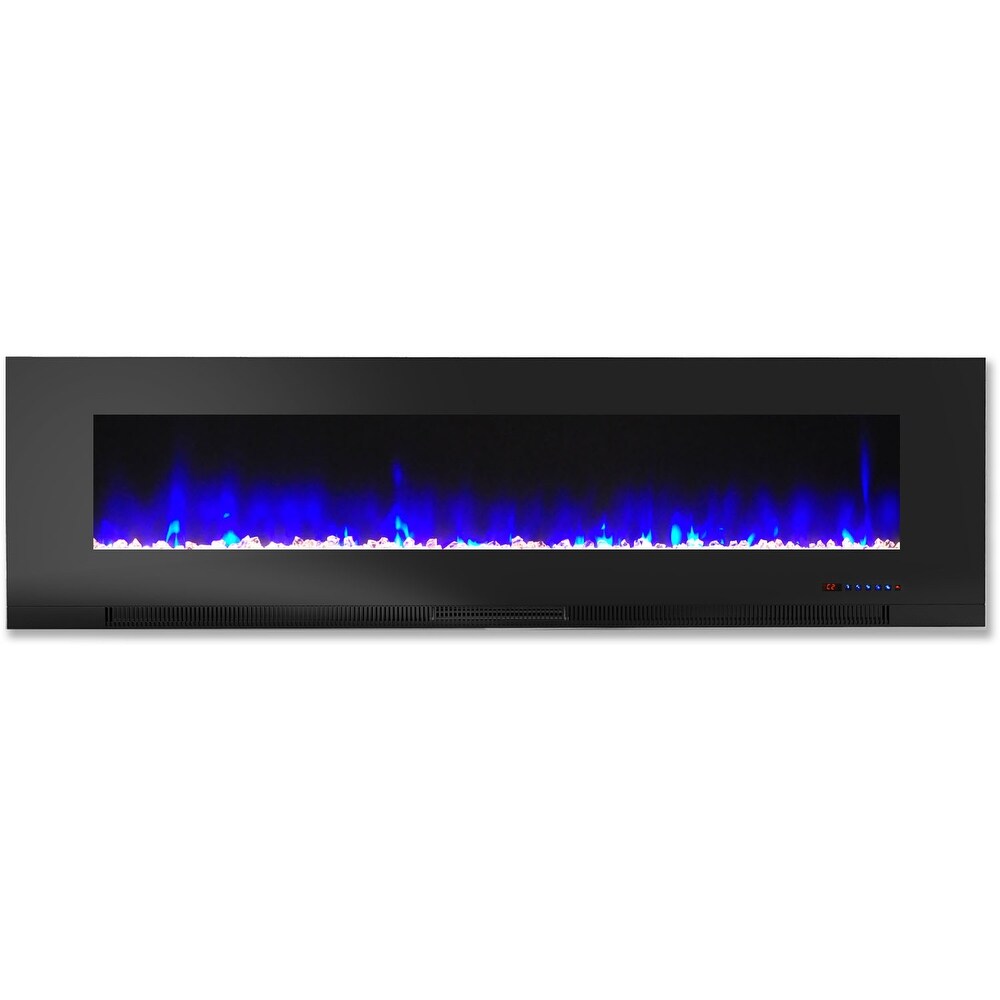 Hanover 60 In. Wall Mount Electric Fireplace in Black with Multi Color Flames and Crystal Rock Display