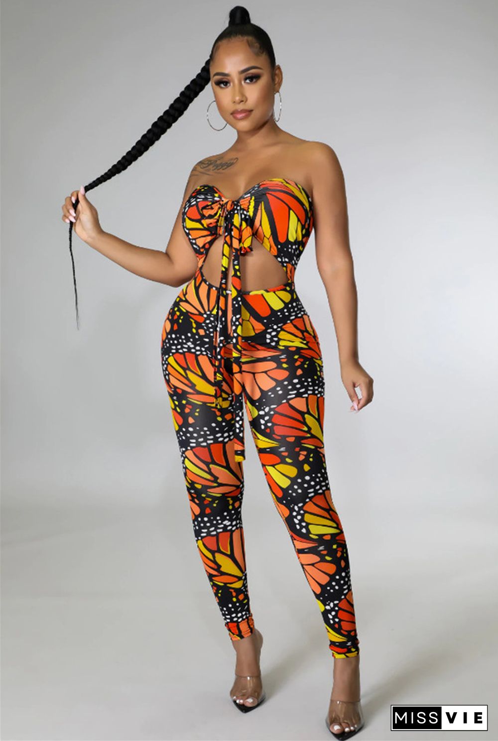 Butterfly Print Backless Halter Bodycon Jumpsuit