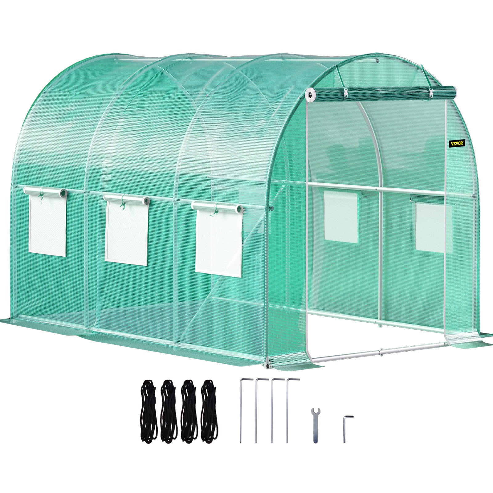 VEVORbrand Walk-in Tunnel Greenhouse, 10 x 7 x 7 ft Portable Plant Hot House w/ Galvanized Steel Hoops, 1 Top Beam, Diagonal Poles, Zippered Door & 6 Roll-up Windows, Green