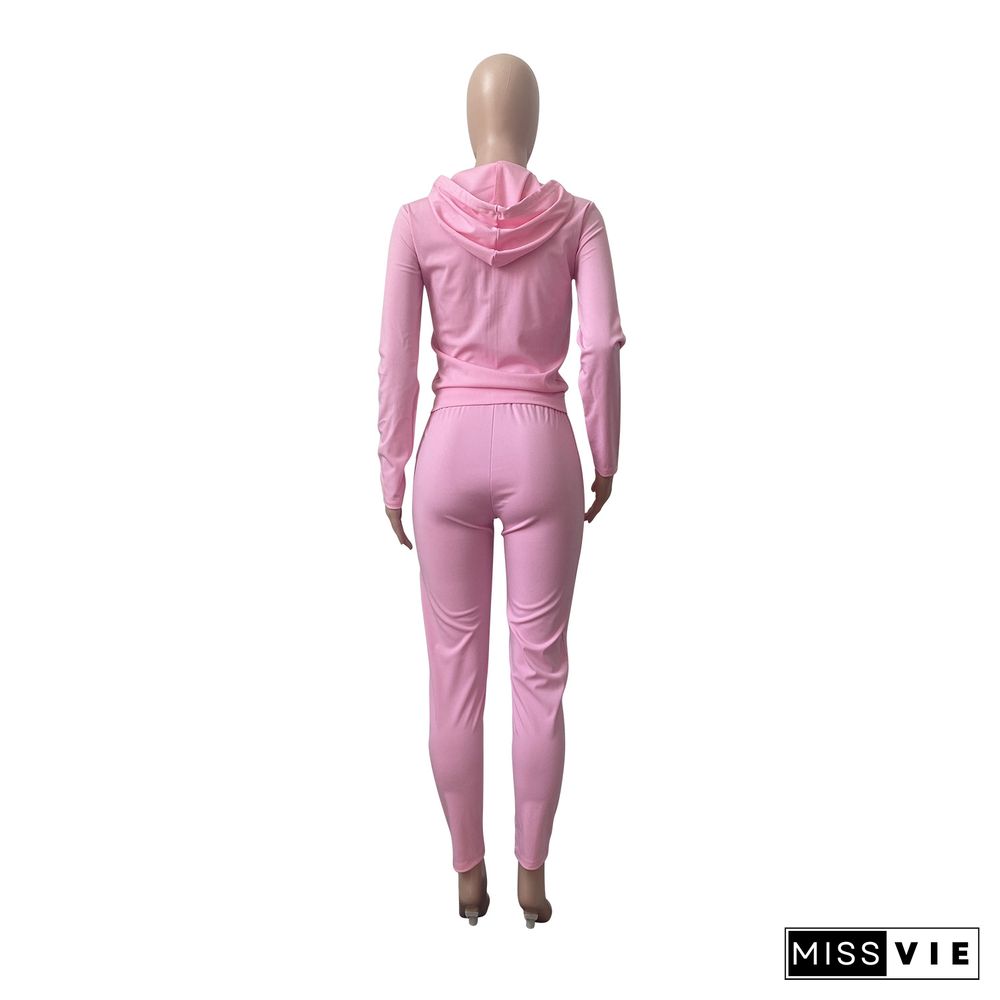 Solid Zipper Hoodies Top And Pants Sets