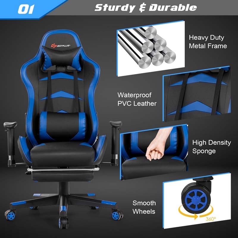 PU Leather Massage Gaming Chair with Footrest, Height Adjustable High Back Ergonomic Gamer Racing Recliner, Swivel PC Game Chair Office Chair