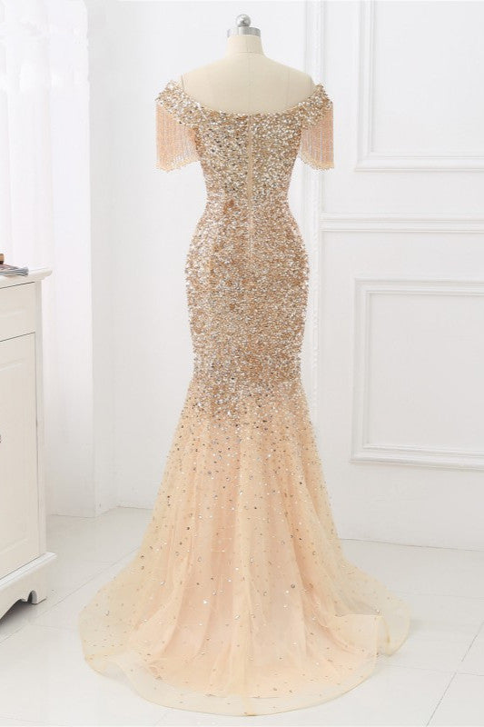 Luxury Off-the-Shoulder Sequins Burgundy Mermaid Prom Dresses with Tassels