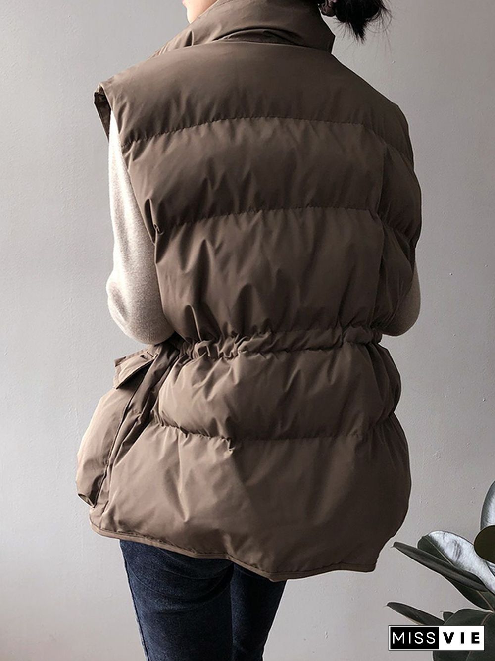 Solid Drawstring Flap Pocket Sleeveless Puffer Jacket