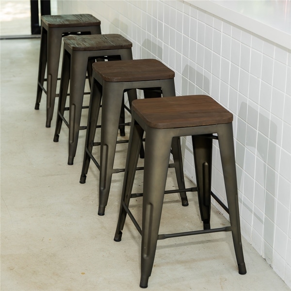 Homy Casa Stackable Metal Counter Stools with Solid Wood Seat