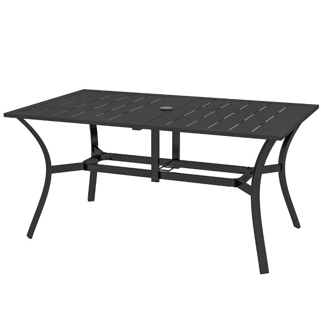 Outsunny Rectangle Outdoor Dining Table For 6 People Slat Rectangular Patio Table With Umbrella Hole Steel Frame For Garden Balcony