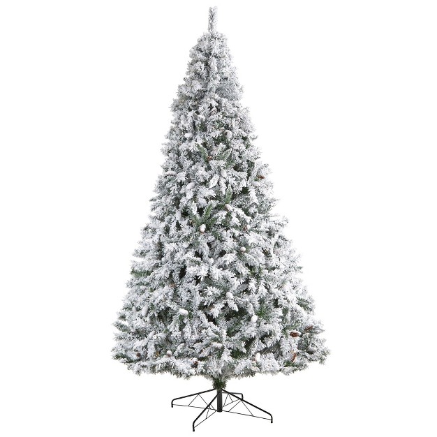 Nearly Natural 10-ft Flocked White River Mountain Pine Christmas Tree With Pinecones And 800 Clear Led Lights