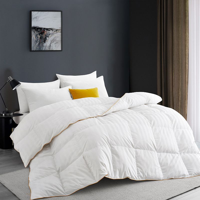 Unikome All Season Classic Stripped White Goose Down Fiber Comforter with 500TC Cotton Fabric with Golden Satin Wrapping