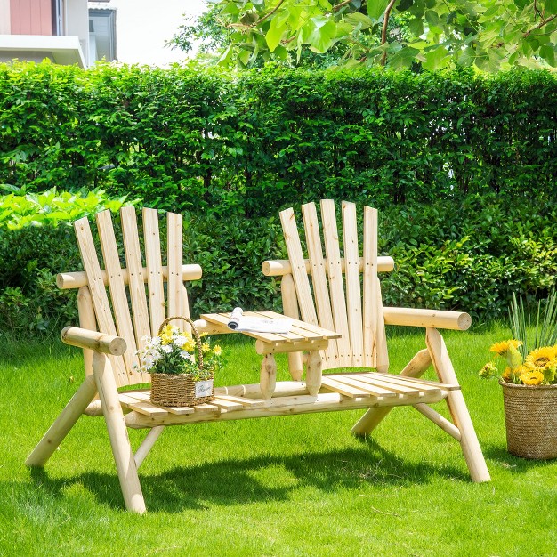 Outsunny Wood Adirondack Patio Chair Bench With Center Coffee Table Perfect For Lounging And Relaxing Outdoors