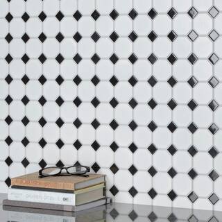 Merola Tile Metro Octagon Matte White wBlack Dot 11 12 in. x 11 12 in. Porcelain Mosaic  9.4 sq. ft. Case FXLM2OWD