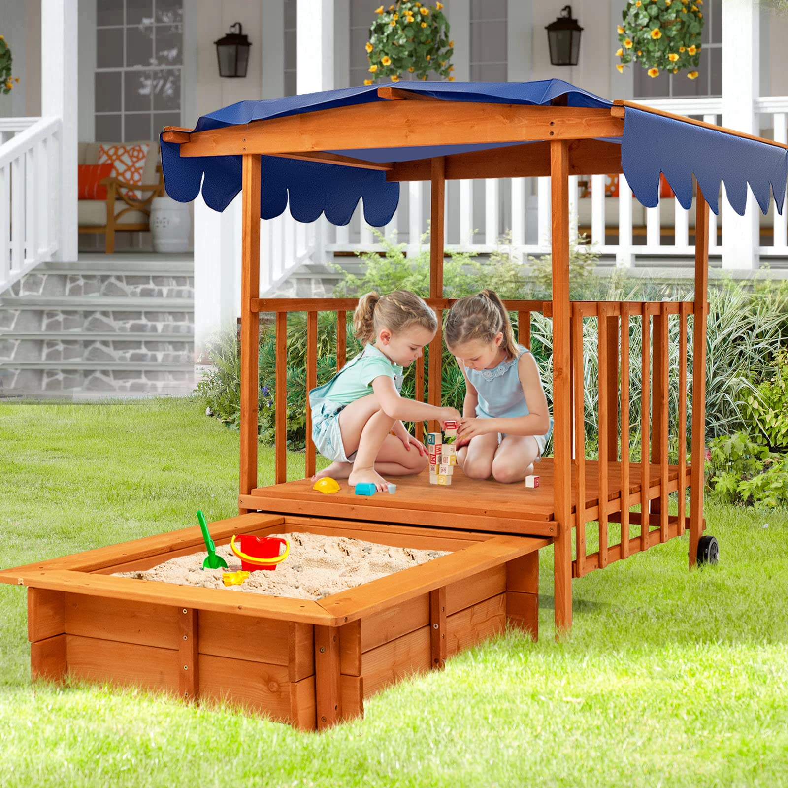 Costzon Kids Retractable Sandbox with Canopy, with Large Play Area, Rear Wheels, Guardrails, Children Outdoor Playset