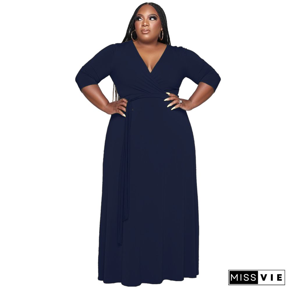 V Neck Sashes Loose Casual Plus Size Dresses