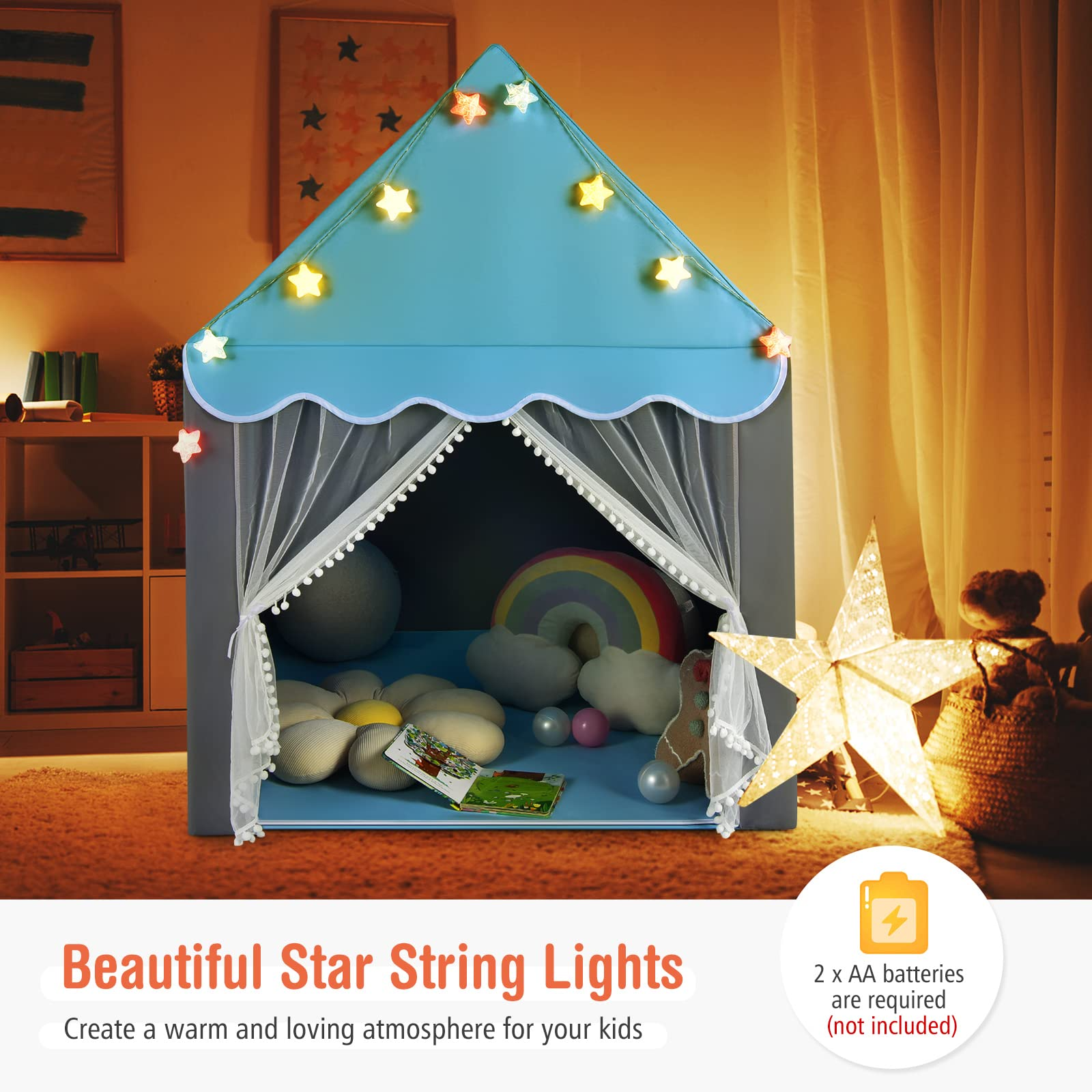 Costzon Kids Play Tent, Playhouse Tent w/ Washable Cotton Mat, Star String Lights