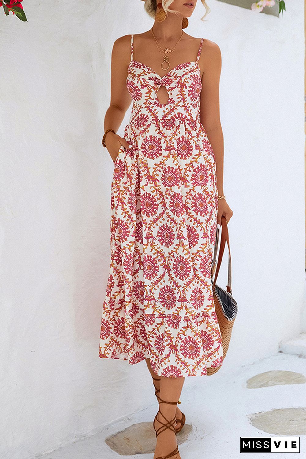 Hollow Out Spaghetti Strap Printed Maxi Dress