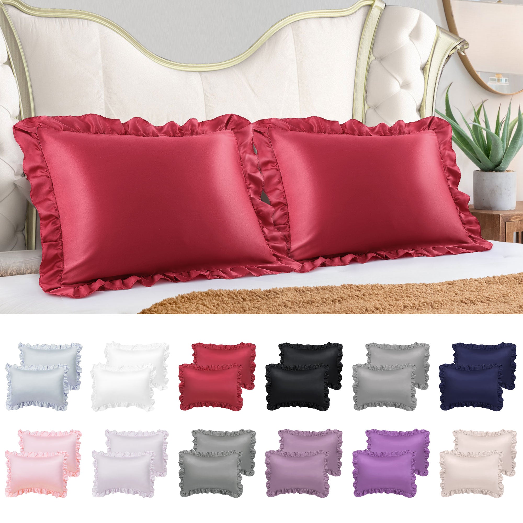 PiccoCasa Satin Pillowcase Ruffled Pillow Shams Set of 2， Burgundy Standard(20