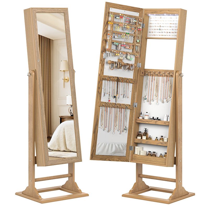 Freestanding Lockable Jewelry Armoire With Full-length Mirror And 6 Led Lights