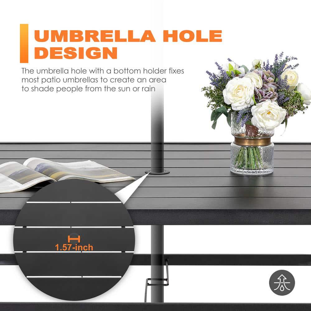 Nuu Garden Black Rectangle Metal Outdoor Patio Dining Table with Umbrella Hole