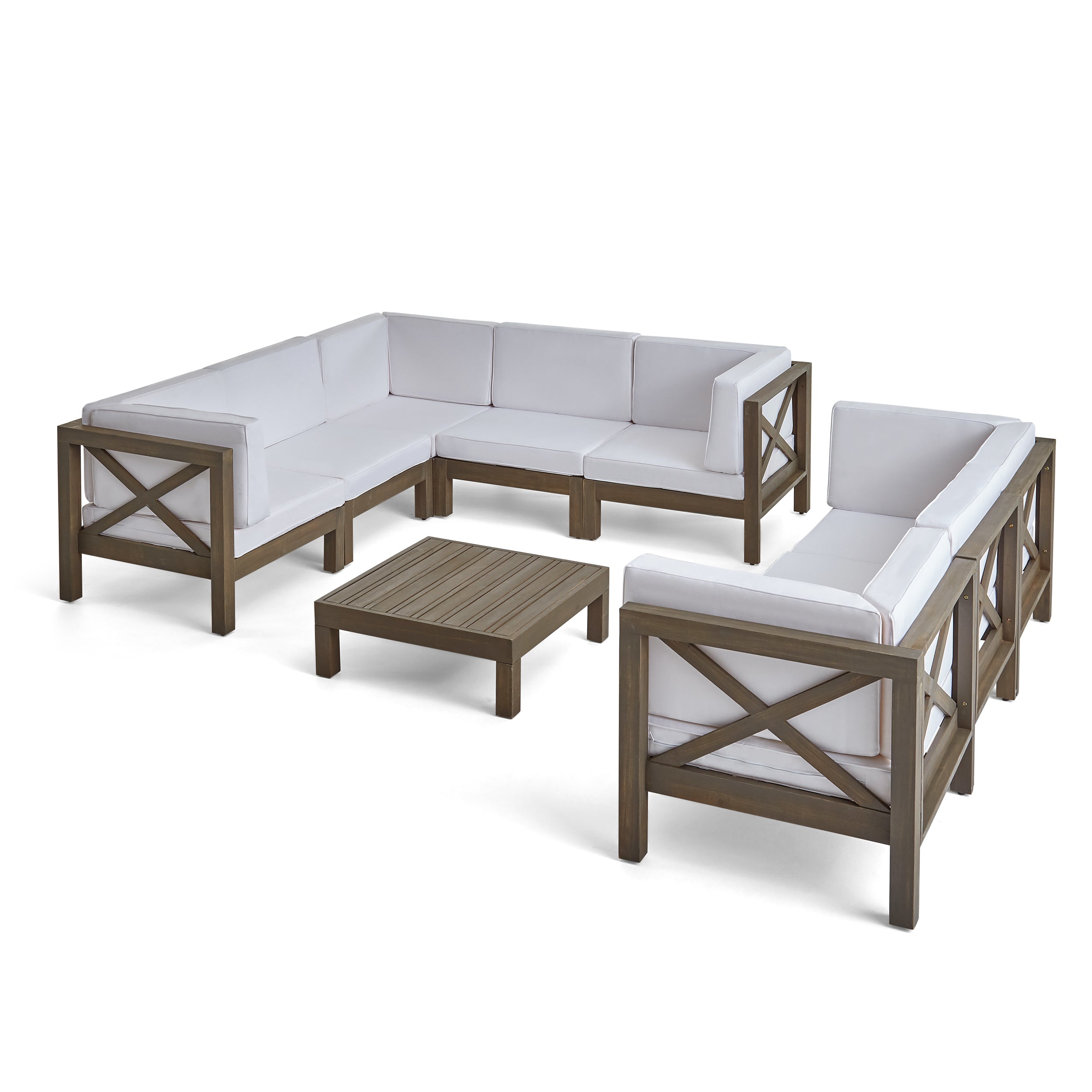 Cynthia Outdoor Acacia Wood 8 Seater Sectional Sofa Set with Coffee Table