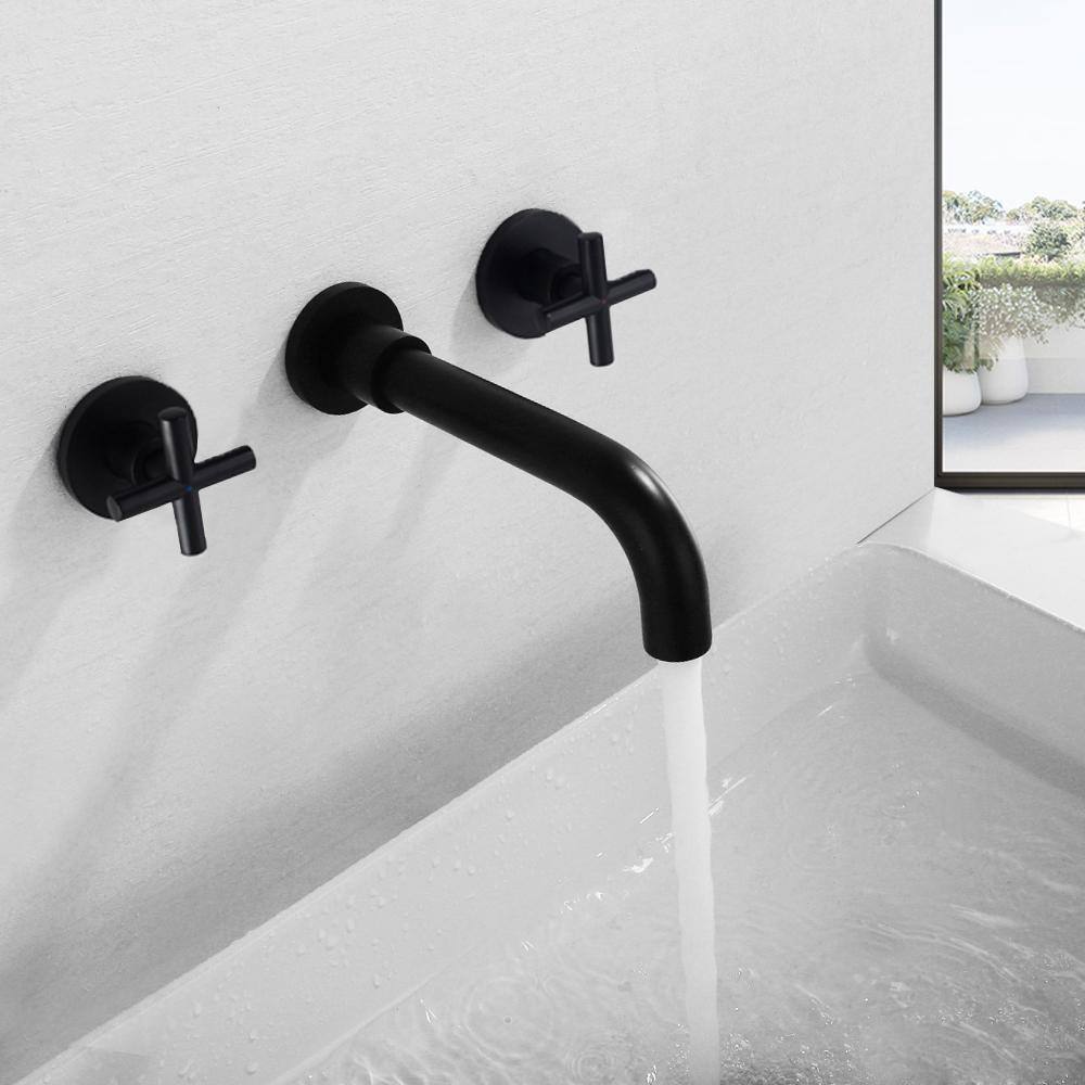 Magic Home Spot Resistant 2-Handle Wall Mount Bathroom Sink Faucet with Drain in Matte Black MS-B1905-MB-Dra