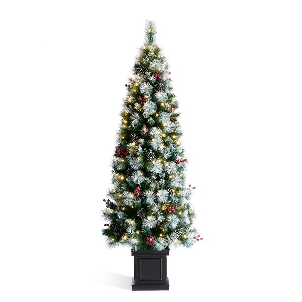 Glitzhome 4ft/5ft/6ft PreLit Pine Artificial Christmas Porch Tree with Decorative Urn Pot