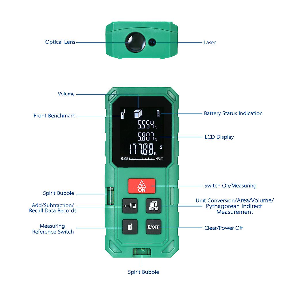 40m Portable Handheld Digital Laser Distance Meter High Precision Range Finder Length Area Volume Measurement 20 Group Data Storage With Vtn Lcd Green