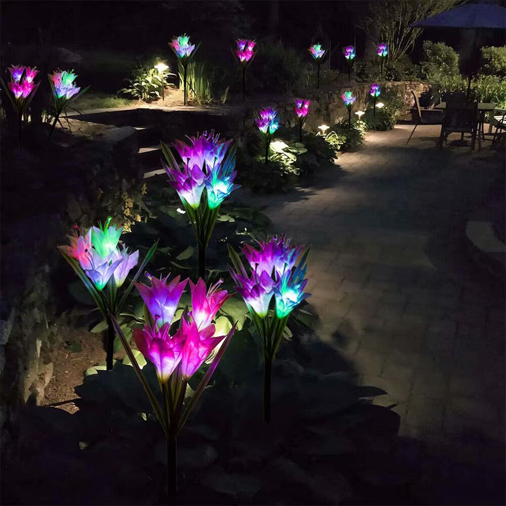 Outdoor Solar Lights， 4 Pack Solar Garden Lights with 16 Bigger Lily Flowers， Waterproof Color Changing Outdoor Lights Xmas Decor for Garden Patio Yard Pathway Decoration