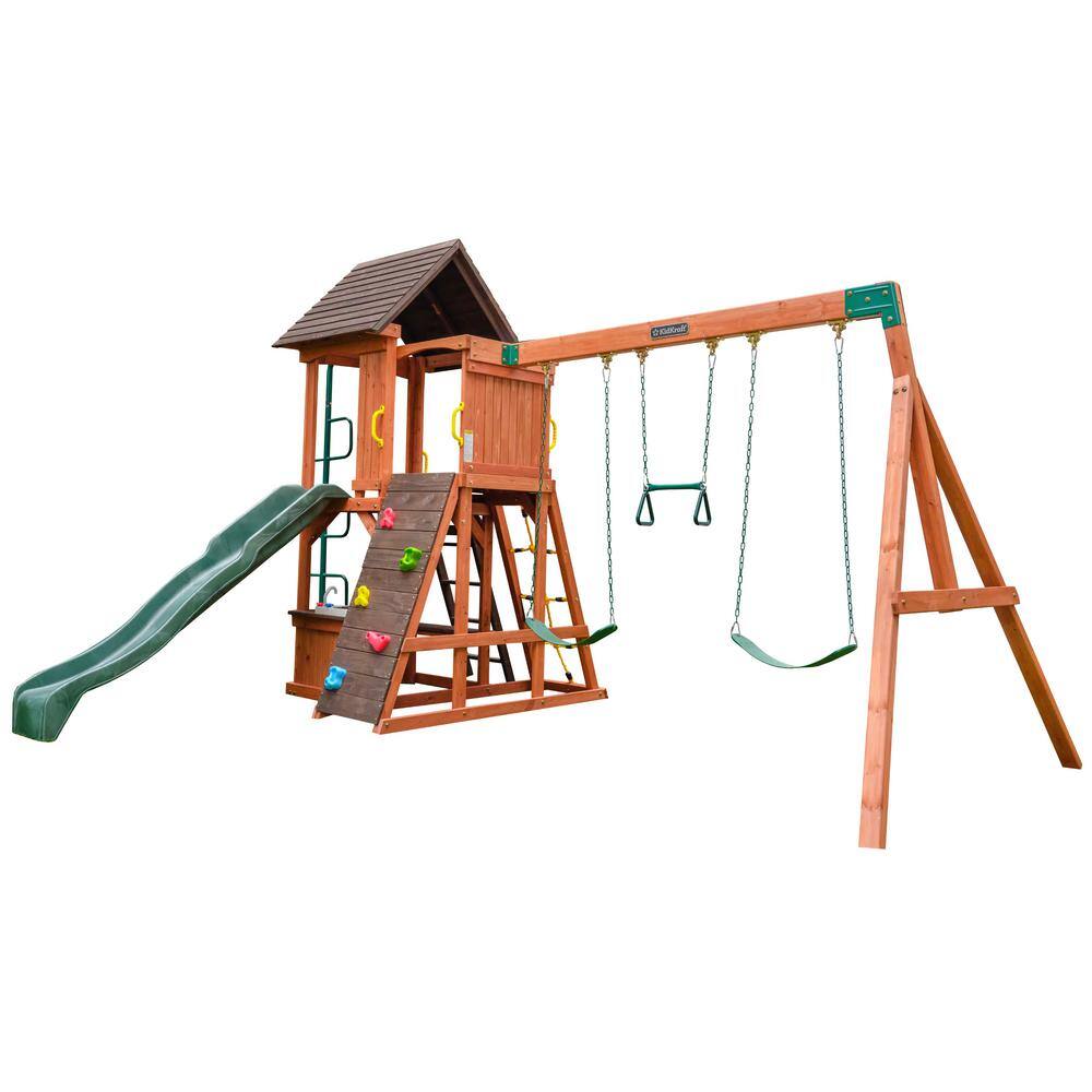 KidKraft Raptor Trail Wooden Swing SetPlayset with Twisty Ladder Wavy Slide and Rock Wall F29665HD