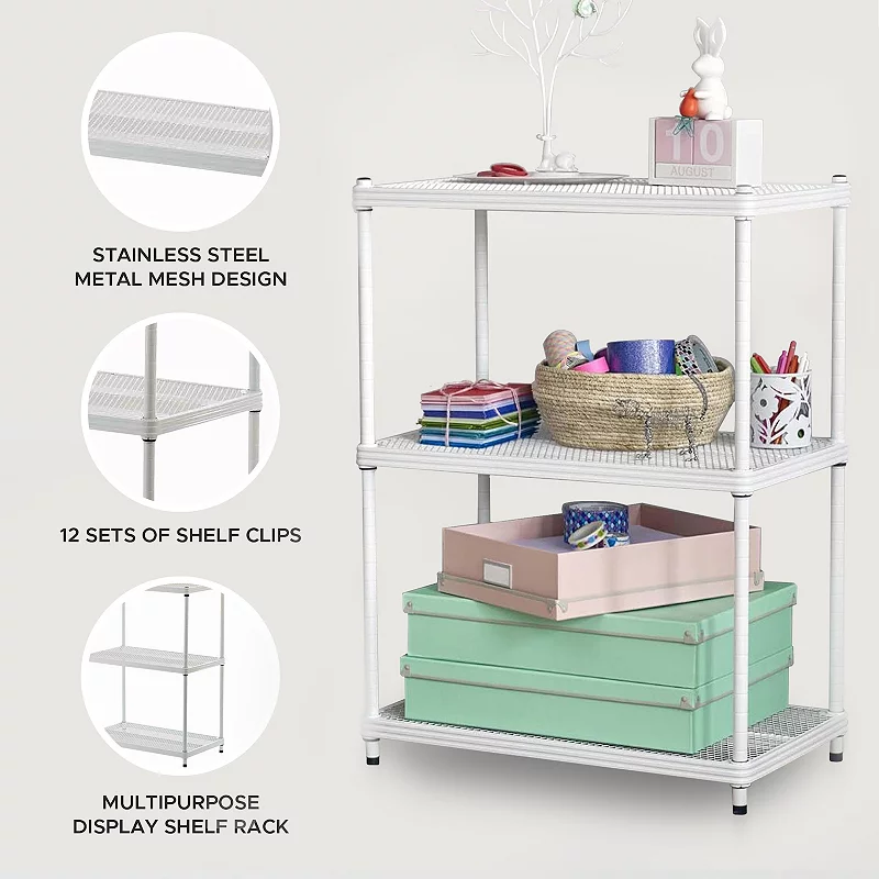 Design Ideas Meshworks 3 Tier Full-size Metal Storage Shelving Unit Rack， White