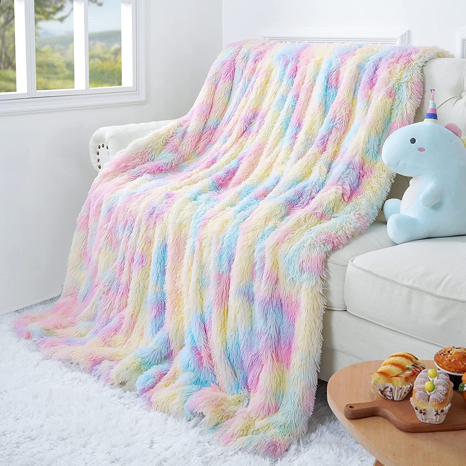 Lochas Plush Fluffy Soft Rainbow Blanket for Couch Bed Sofa Kids Warm Sherpa Colorful Blankets， 50