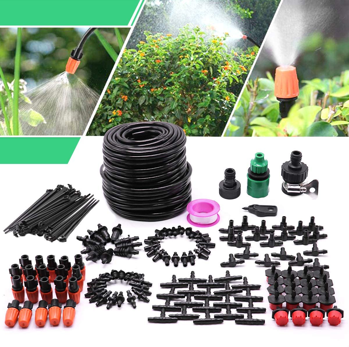 Flantor Drip Irrigation System - 66ft Garden Irrigation System with 1/4