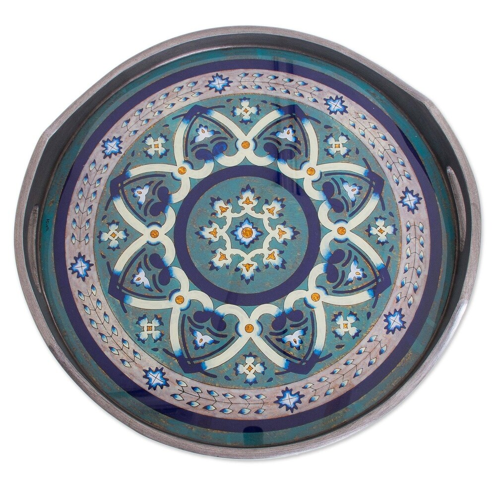 NOVICA Handmade Floral Intricacy in Steel Reverse painted glass tray
