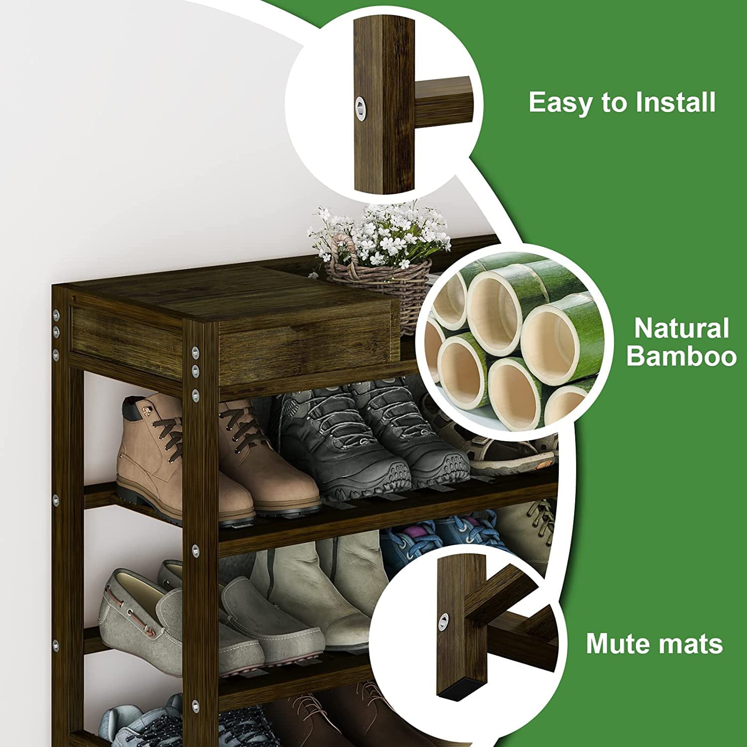 Bamworld Shoes Rack Shelf Organizer for Entryway 5 Tier Bamboo 24 Pair Boots Footwear Book Flowerpots with Storage Box (Dark Brown)