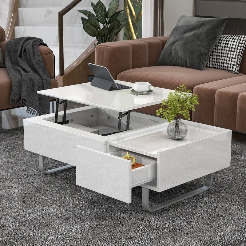 Stylish multi-functional lifting countertop coffee table， modern cocktail table with metal frame legs