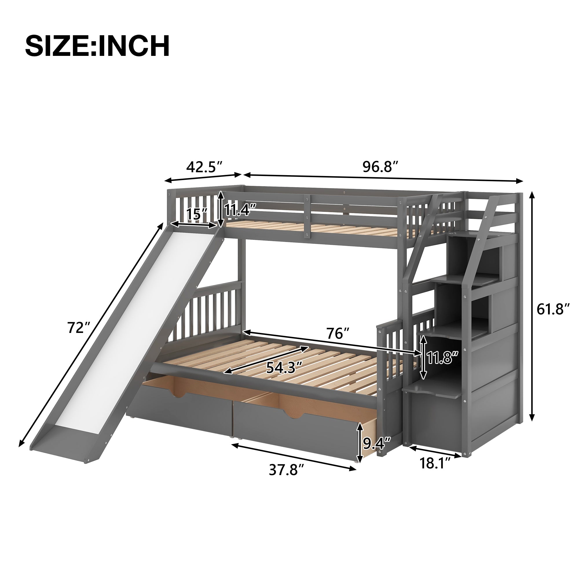 Bellemave Twin Over Full Bunk Bed with Stairs and Slide, Solid Wood Bunk Bed Frame with Storage Drawers for Kids Boys Girls Teens （Grey)