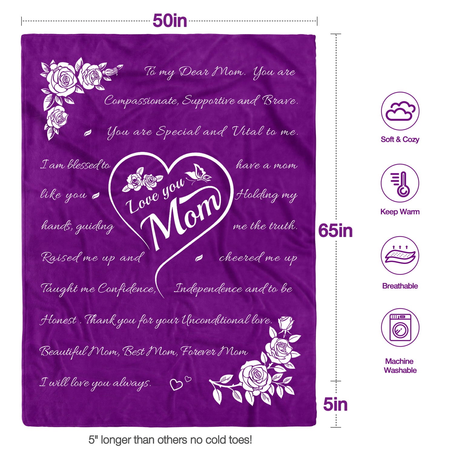 Livhil Mothers Day Gifts for Mom Blanket， I Love You Mom Gifts from Daughter for Mother， Mom Birthday Gifts for Mom， Best Mom Ever Gifts， Throw Blanket 65” x 50” (Purple)