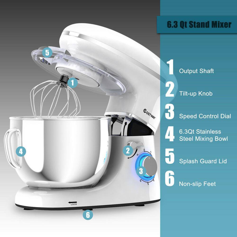 Costway 660W 6.3 qt. . 6-Speed White Stainless Steel Stand Mixer with Dough Hook EP24664WH