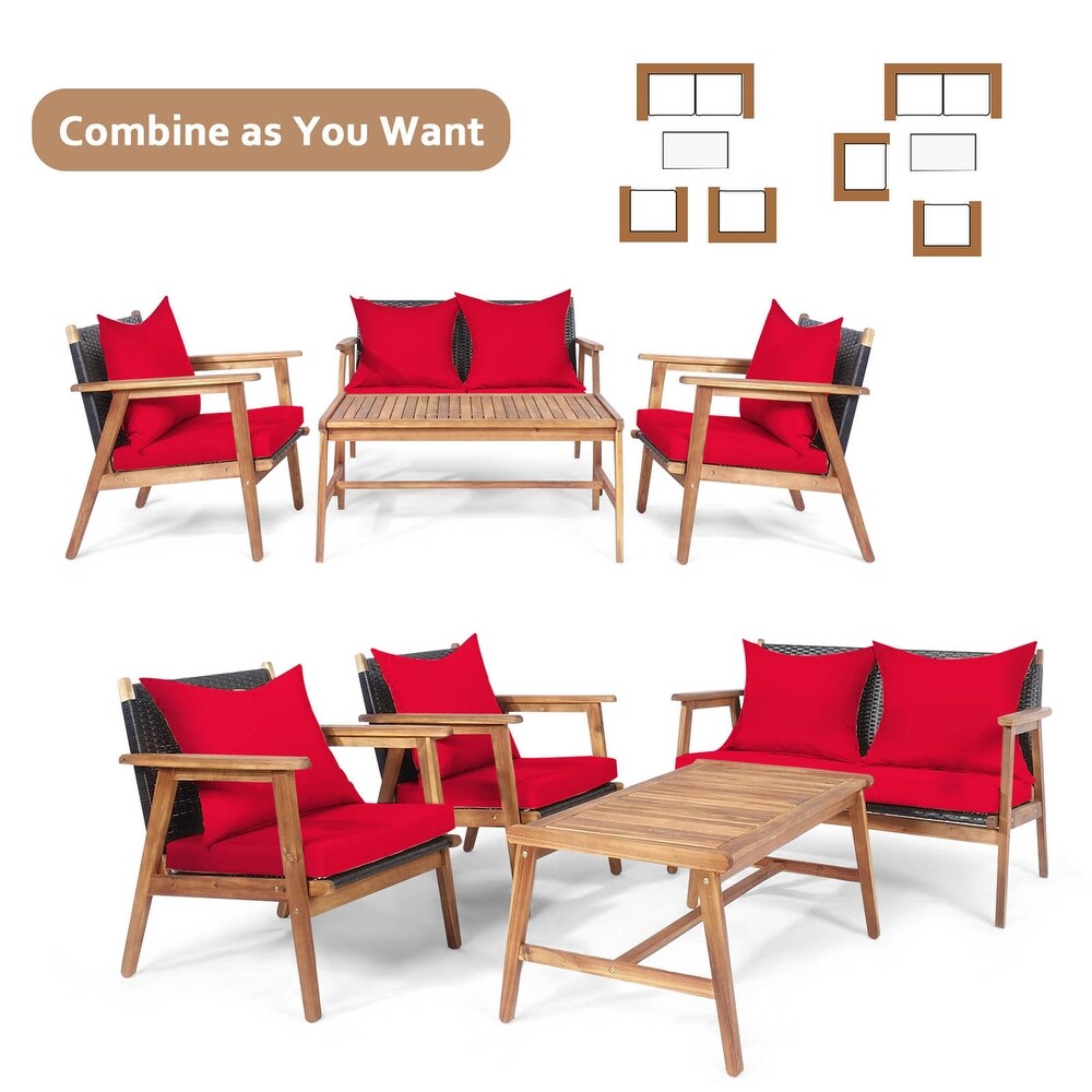 Gymax 8PCS Patio Conversation Set Wood Frame Furniture Set w/ Red   See Details