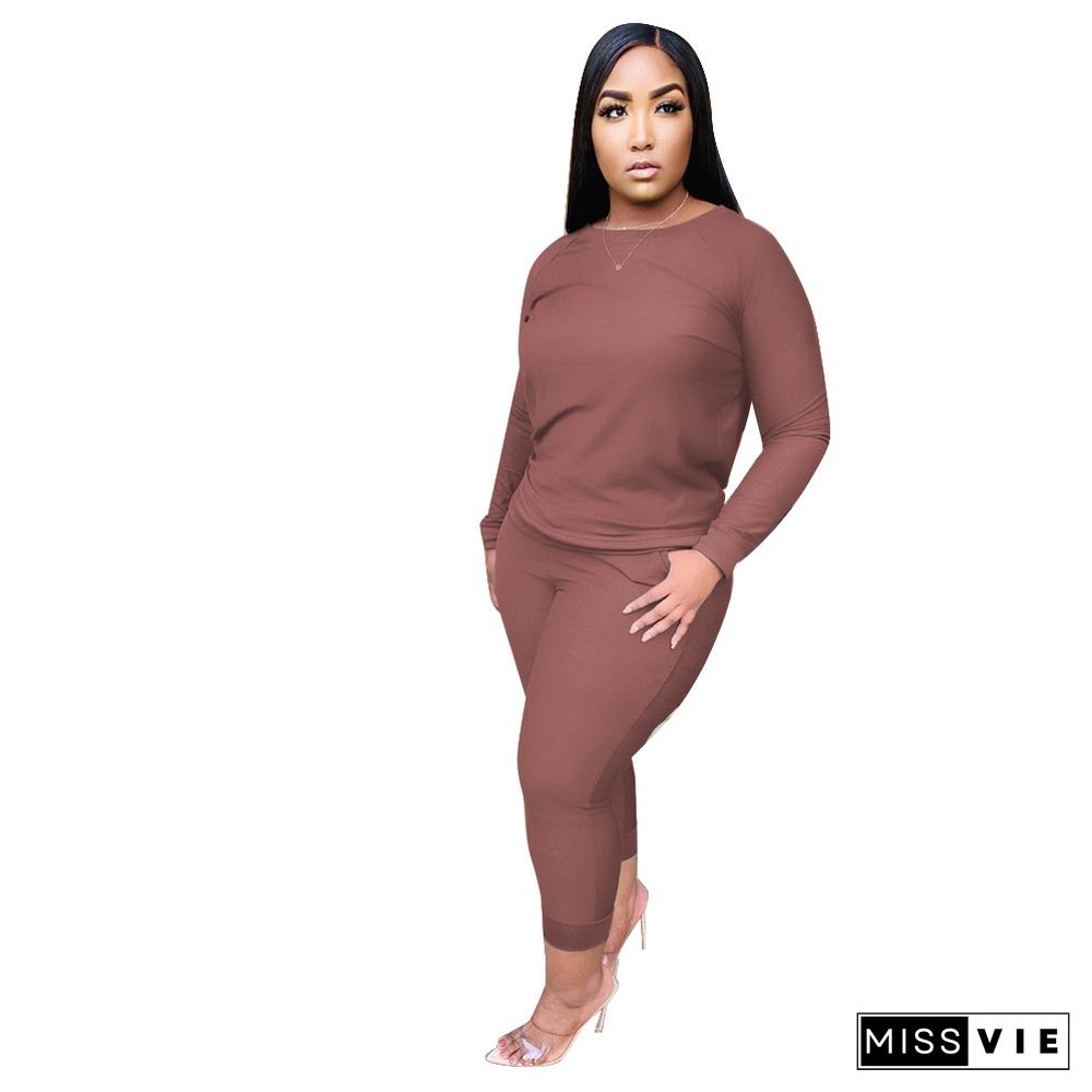 Long Sleeve Solid Pullover T-shirt Long Pant Outfits