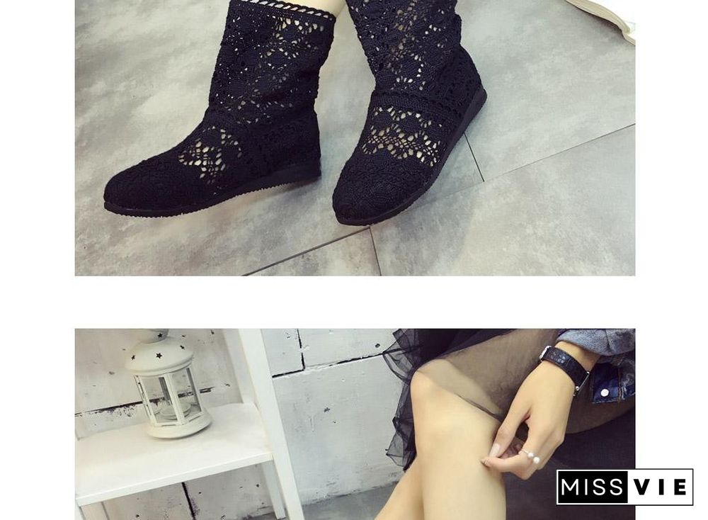 Women Cut-Outs Fashion Shoes Knitted short lace Boot ankle botas Boots