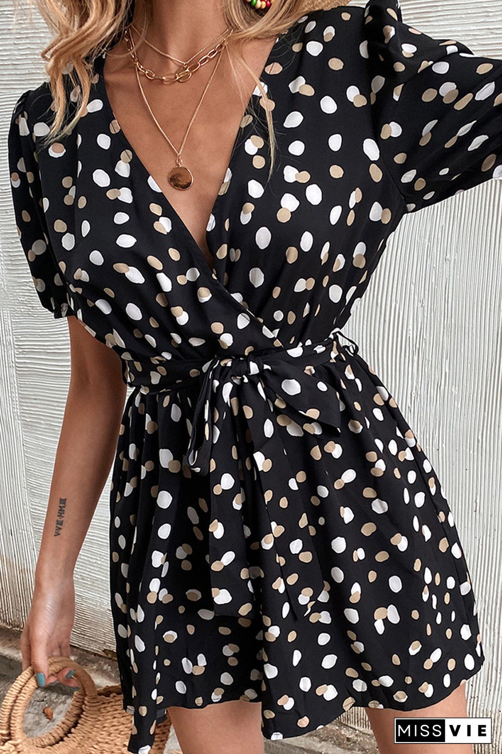 Wrap V Neck Spot Print Romper With Sash