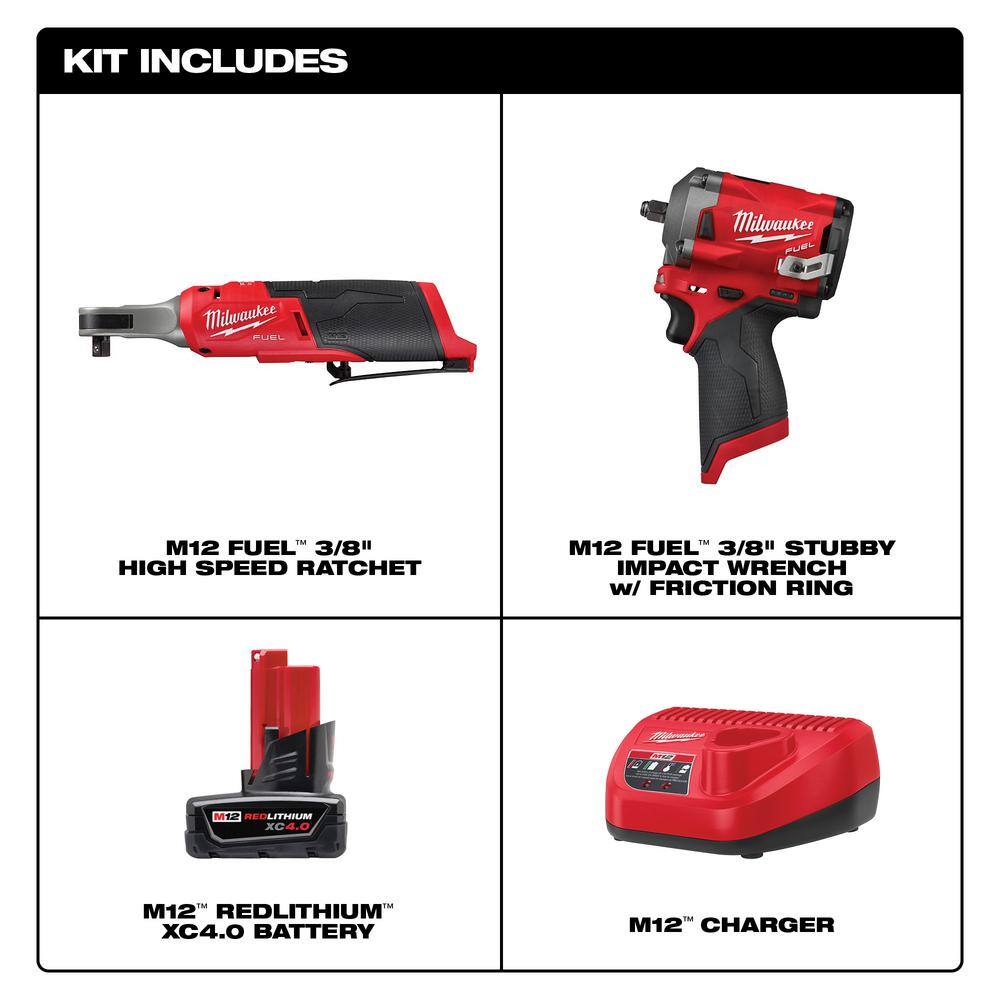 MW M12 FUEL 12-Volt Lithium-Ion Brushless Cordless High Speed 38 in. Ratchet  38 in. Impact Wrench wBattery  Charger 48-59-2440-2567-20-2554-20