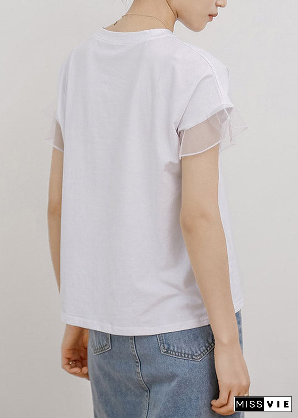 White O-Neck Ruffled Cotton T Shirt Short Sleeve