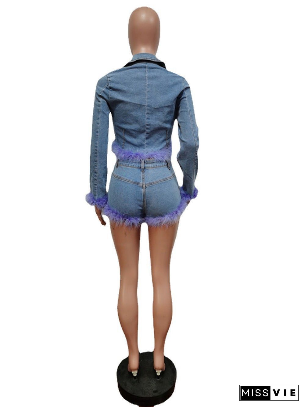 Feathers Long Sleeve Denim Jacket 2 Piece Shorts Set