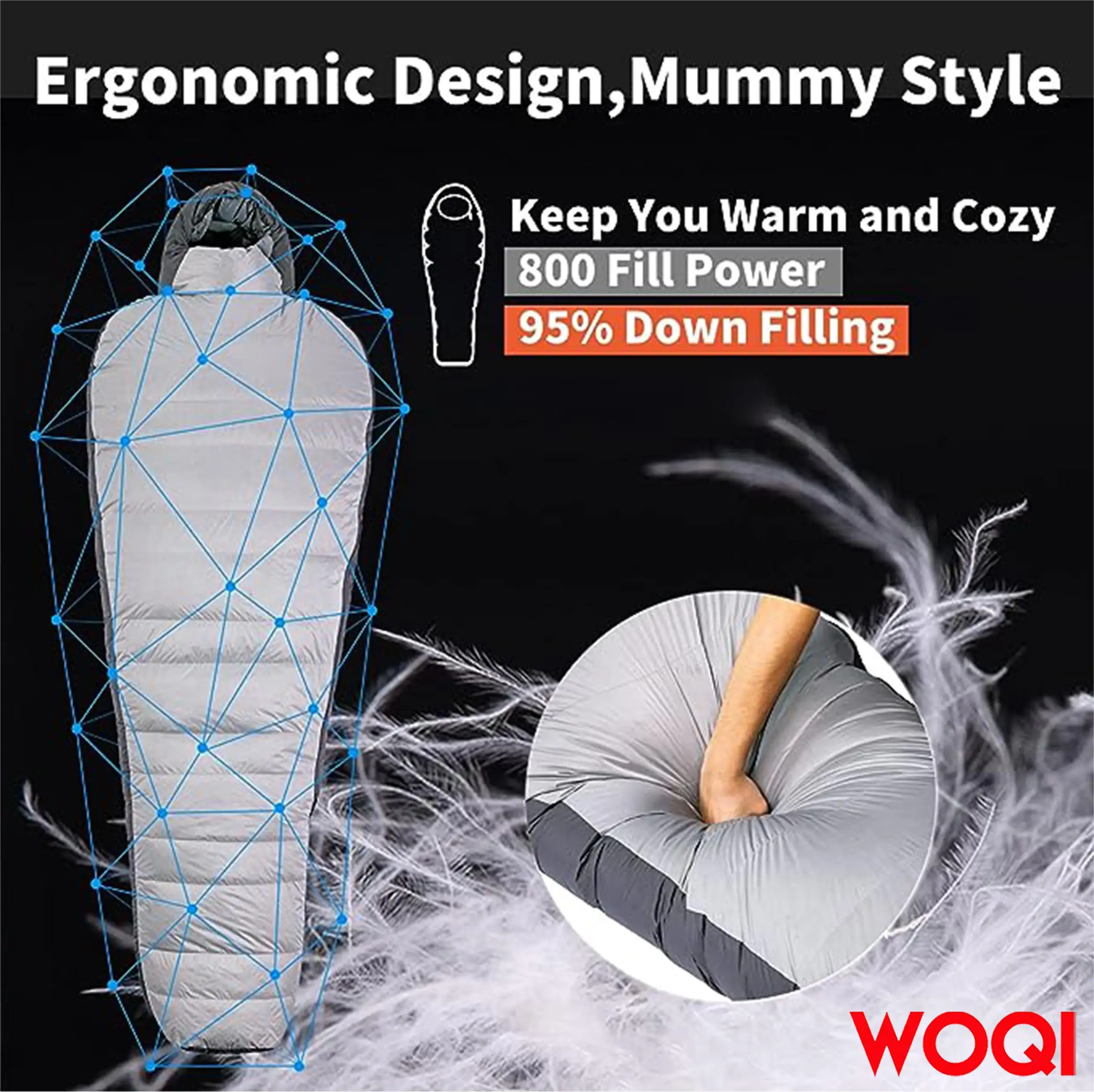 WOQI Lightweight Single mummy sleeping bag with 800g duck down for cold weather