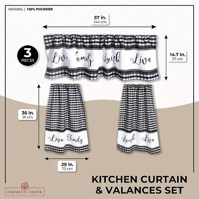 3 Piece Kitchen Curtains and Valances Set， 36 Inches Long for Window， Love Family Laugh Live (Black and White)