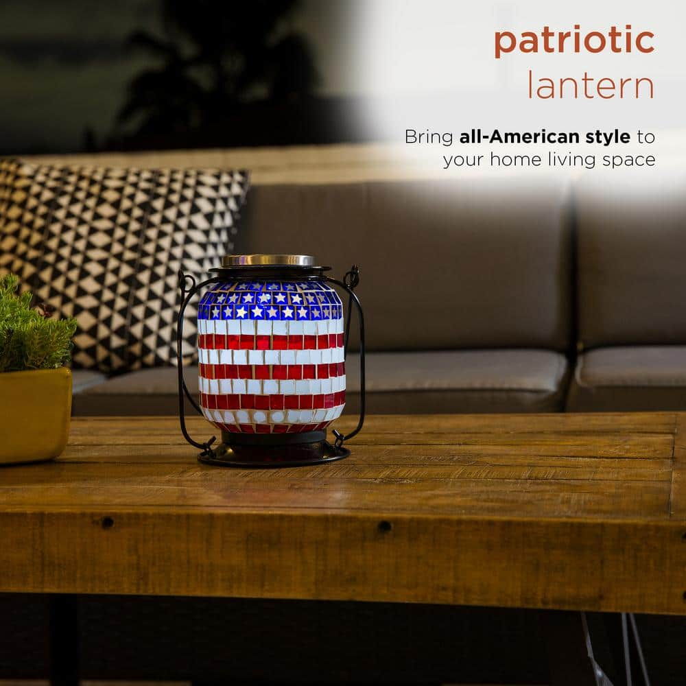 Alpine Corporation 7 in. Tall Hanging Solar Powered Outdoor Patriotic Lantern with LED Lights SLL2224SLR