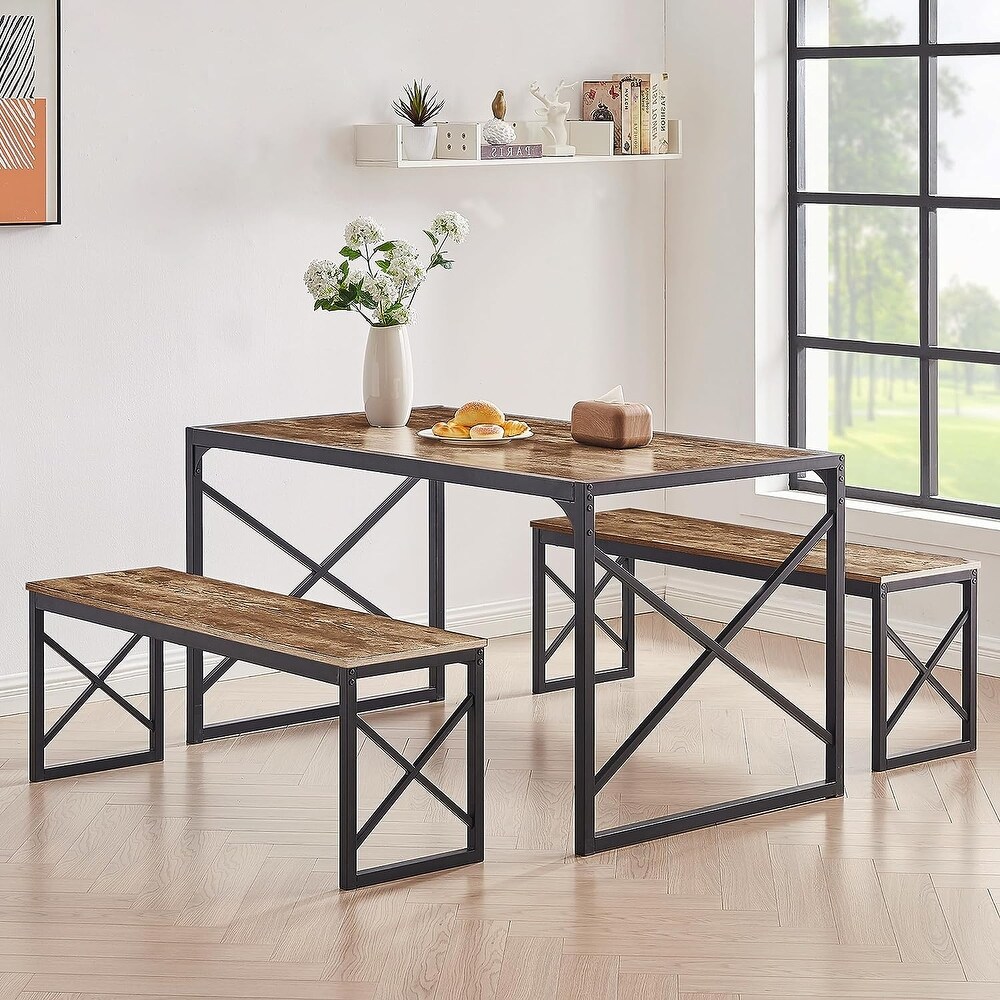 VECELO 3 pieces Dining Table Set with Bench for Kitchen and Restaurant