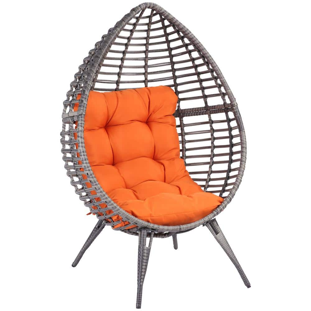 Outsunny Wicker Outdoor Lounge Chair with Orange Cushion Teardrop Chair Poolside Patio Seat 867-047OG